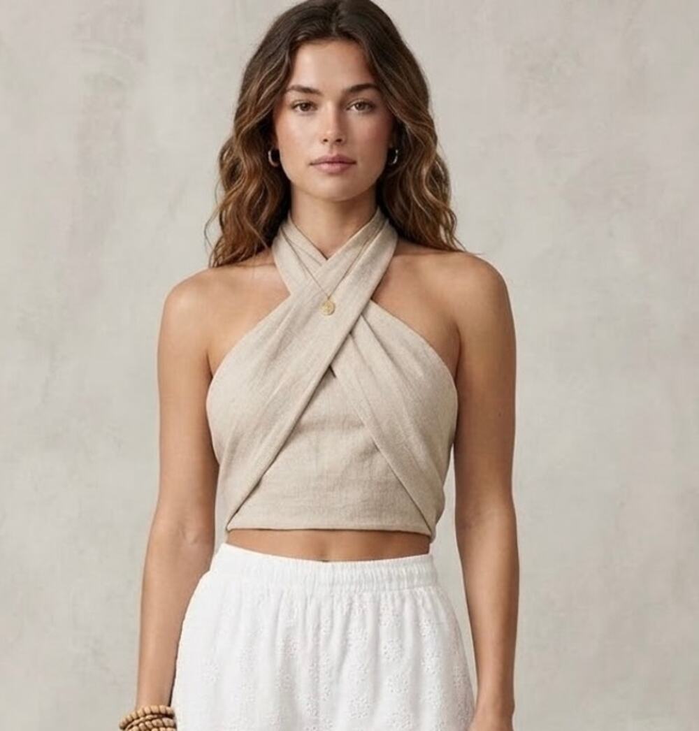 Commense Beige Linen Blend Cross Over Halter Crop Top Size XS beach boho resort